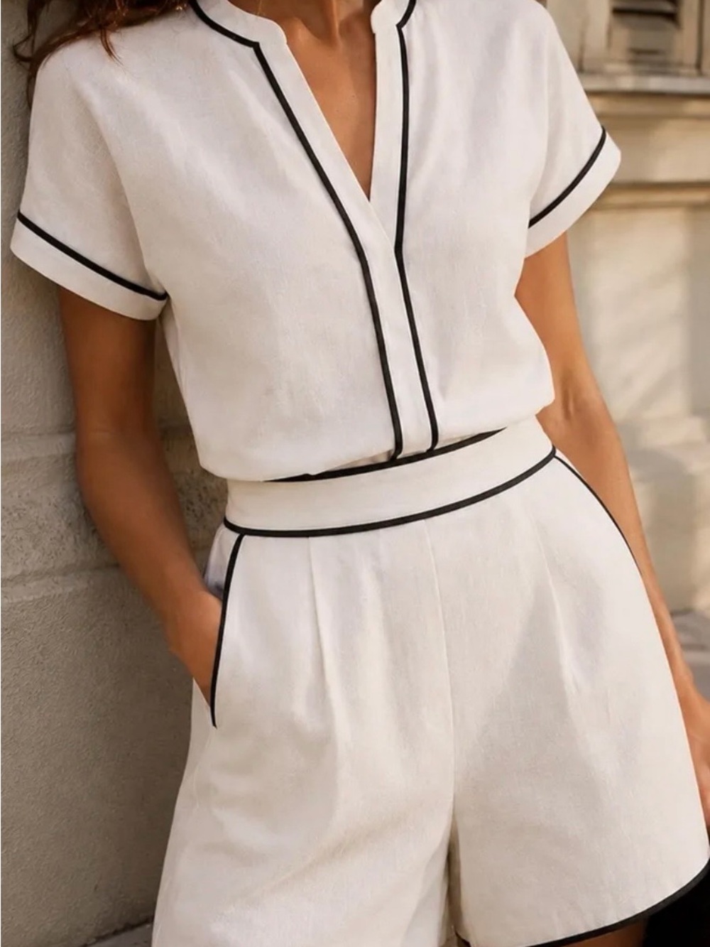 Women's White Short-Sleeve Linen Set with Black Trim